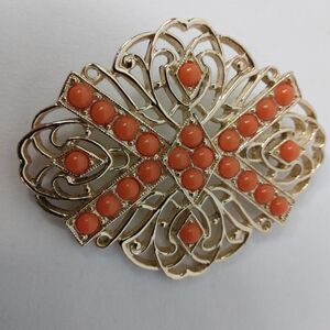 Vintage Sarah Coventry Orange Cabochon Gold Tone Filigree Brooch Pin Signed